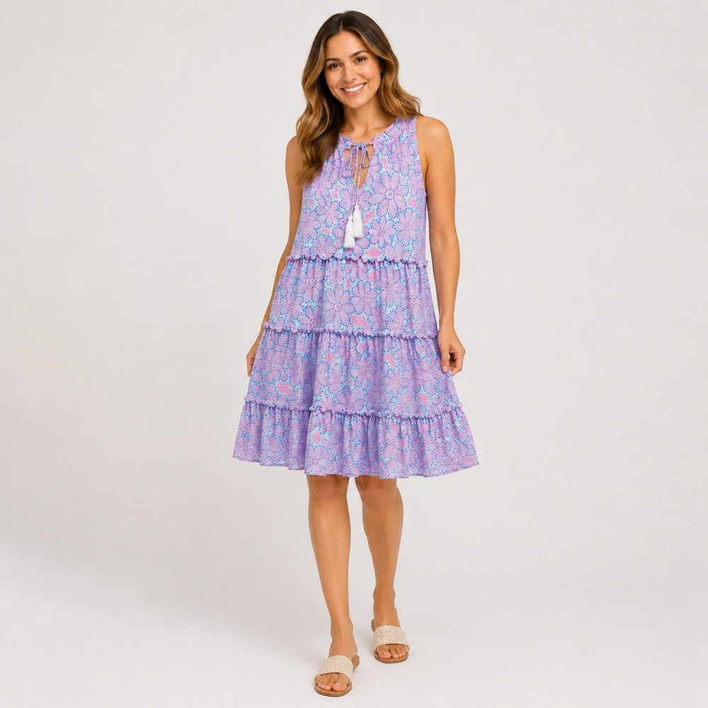 BeachTime Tiered Trapeze Dress Womens Small Pink Blue Paisley Floral Halter Tie